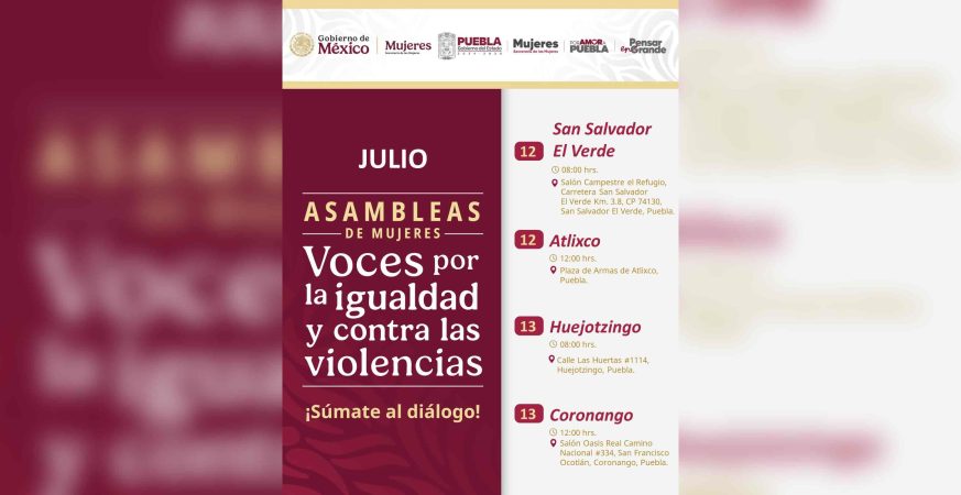 Puebla invita a Asambleas por los derechos y seguridad de mujeres