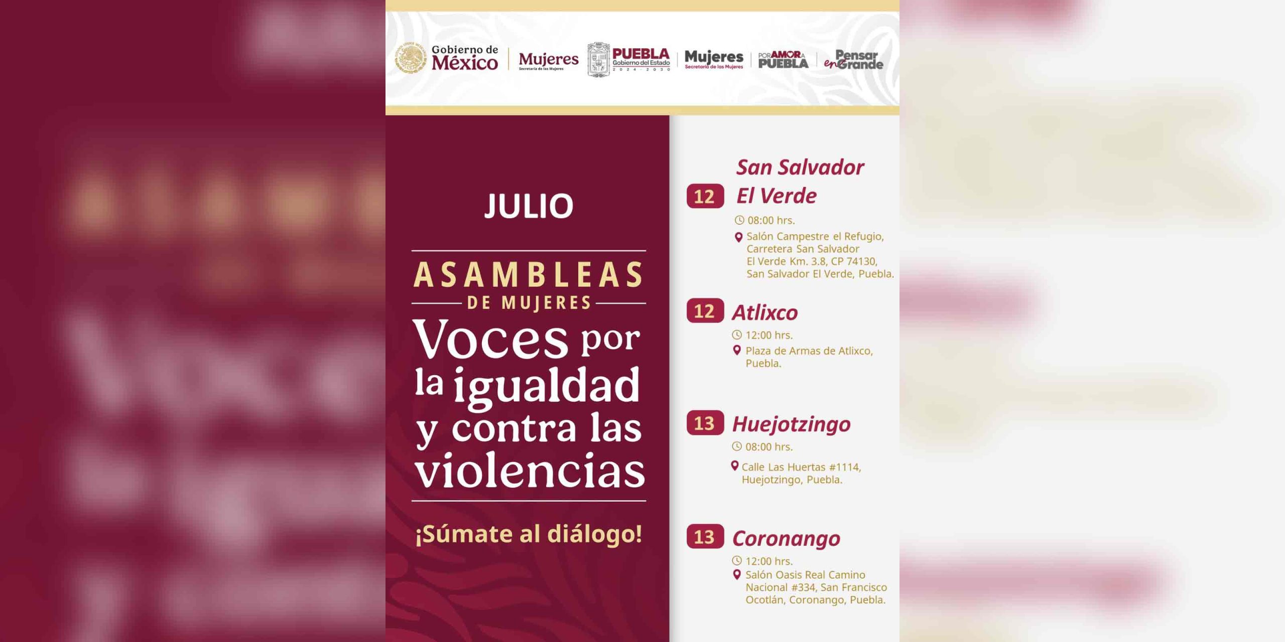 Puebla invita a Asambleas por los derechos y seguridad de mujeres