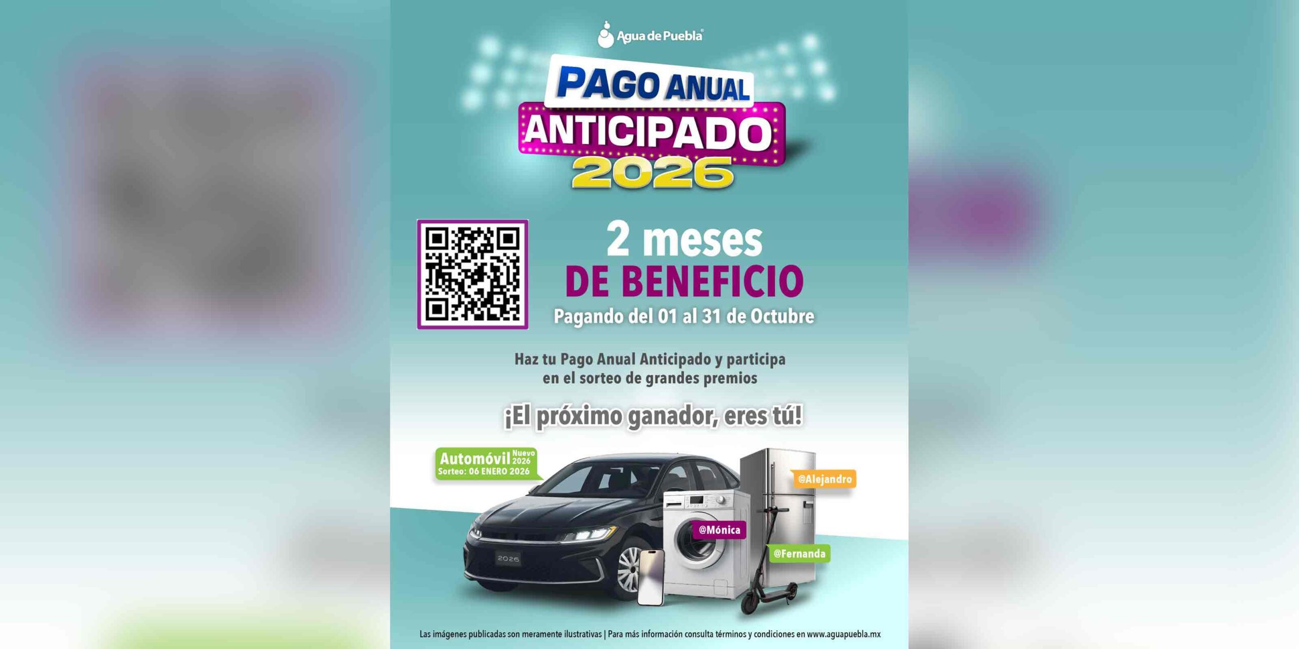 Con 2 meses de beneficio, la rifa de un auto y 60 premios más, Agua de Puebla arranca su “Pago Anual Anticipado 2026”