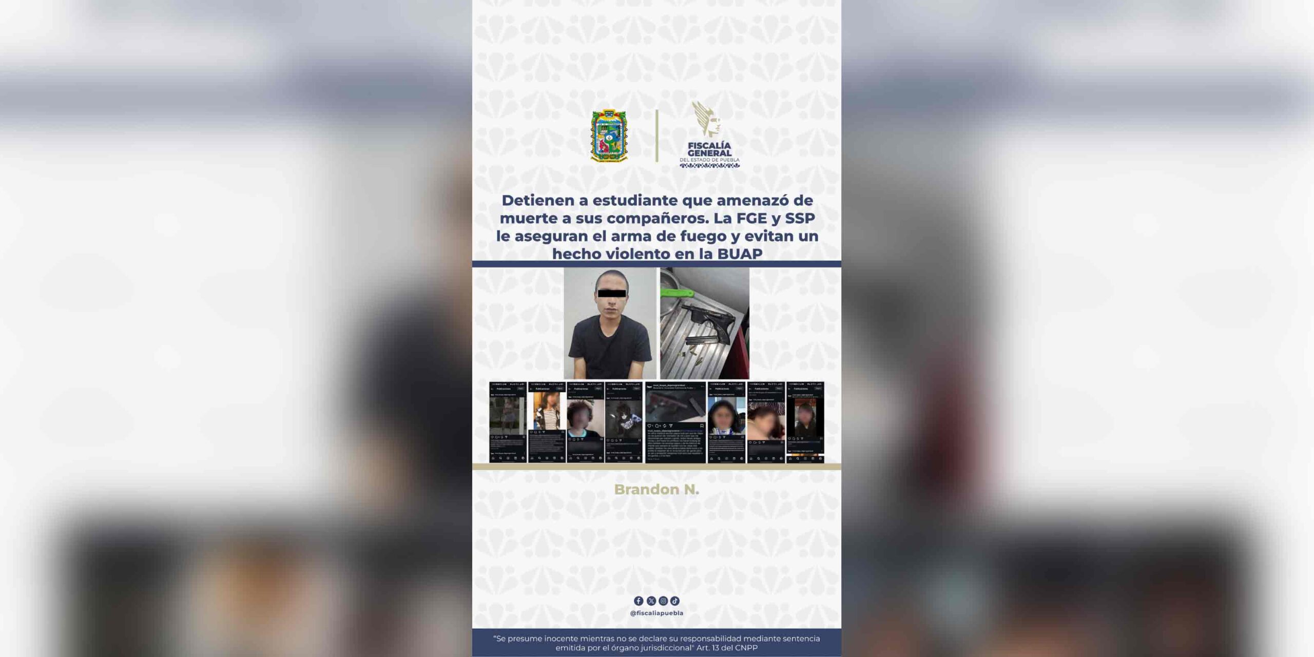 Detienen a estudiante que amenazó de muerte a sus compañeros. La FGE y SSP le aseguran el arma de fuego y evitan un hecho violento en la BUAP