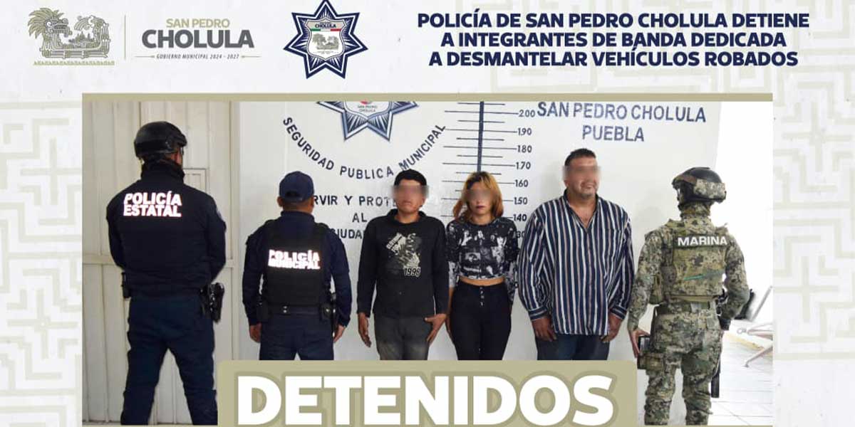 Policía de San Pedro Cholula detiene a integrantes de banda dedicada a desmantelar vehículos robados