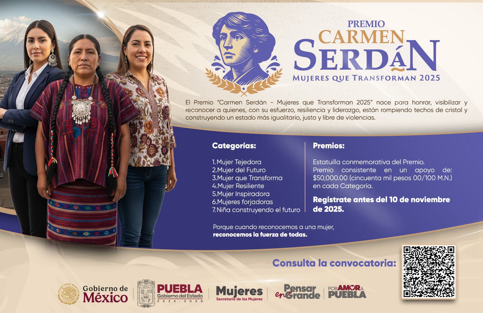 Gobierno de Puebla convoca al Premio “Carmen Serdán, Mujeres que Transforman 2025”