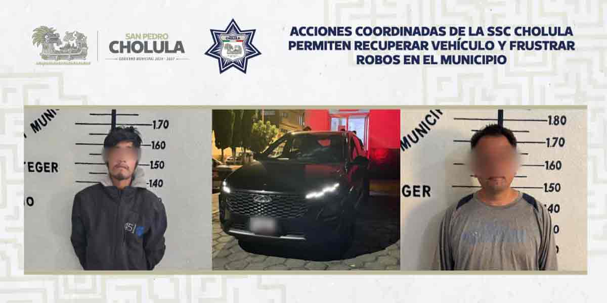 Acciones coordinadas de la SSC Cholula permiten recuperar vehículo y frustrar robos en el municipio
