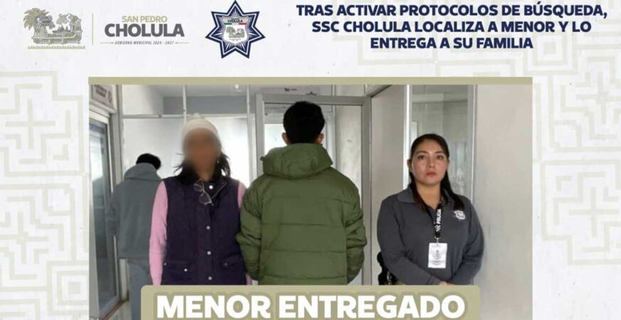 Tras activar protocolos de búsqueda, SSC Cholula localiza a menor y lo entrega a su familia