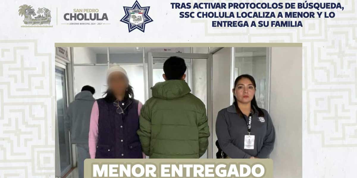 Tras activar protocolos de búsqueda, SSC Cholula localiza a menor y lo entrega a su familia