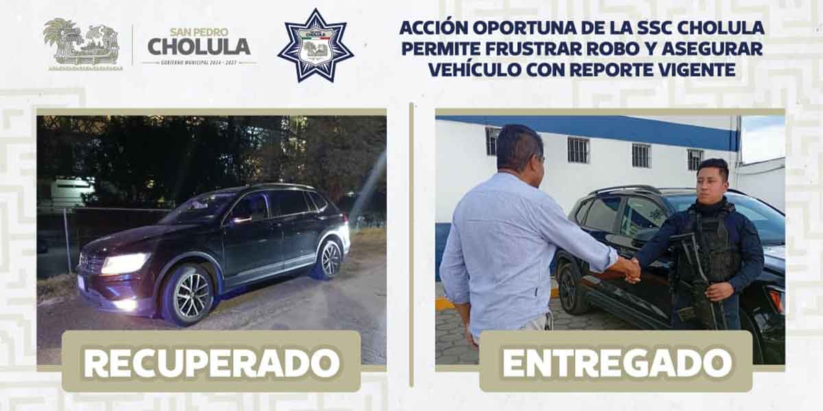 Acción oportuna de la SSC Cholula permite frustrar robo y asegurar vehículo con reporte vigente