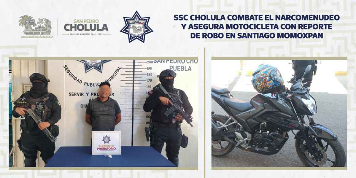 SSC Cholula combate el narcomenudeo y asegura motocicleta con reporte de robo en Santiago Momoxpan