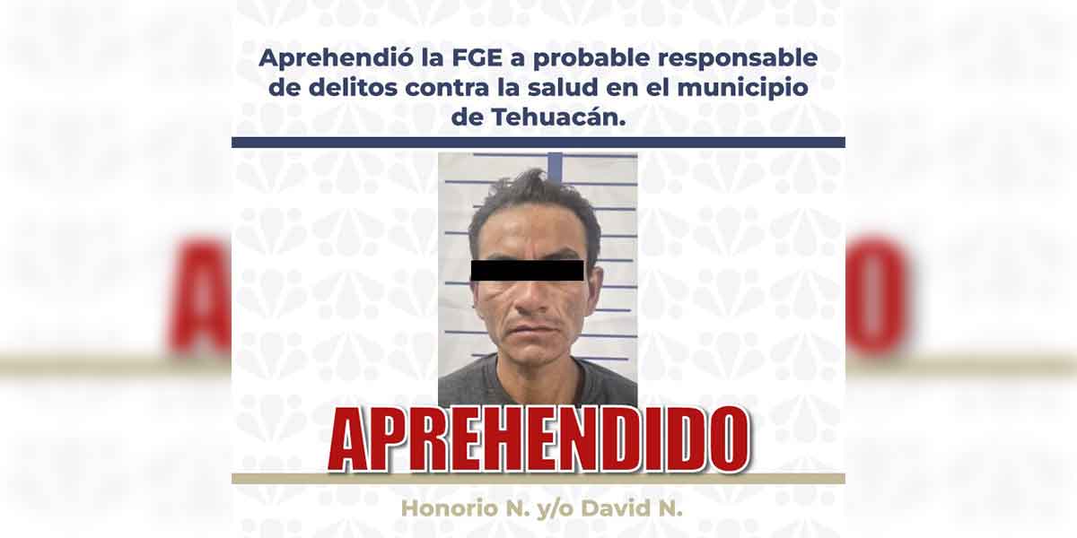 Aprehendió la FGE a probable responsable de delitos contra la salud en el municipio de Tehuacán.