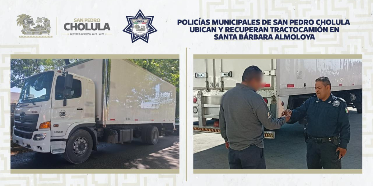 Policías Municipales de San Pedro Cholula ubican y recuperan tractocamión en Santa Bárbara Almoloya
