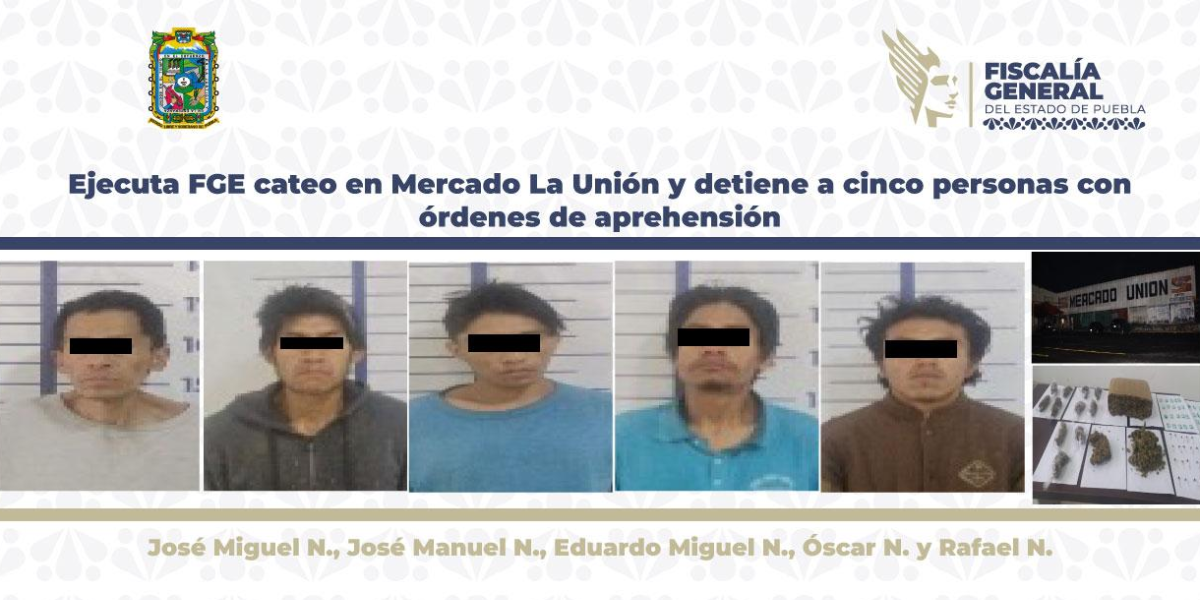 Ejecuta FGE cateo en Mercado La Unión y detiene a cinco personas con órdenes de aprehensión