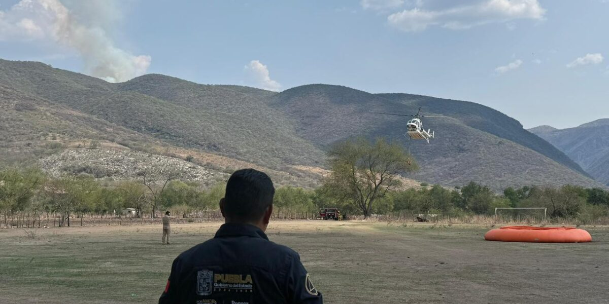 Helicóptero y brigadistas combaten incendio forestal en Cohetzala Puebla