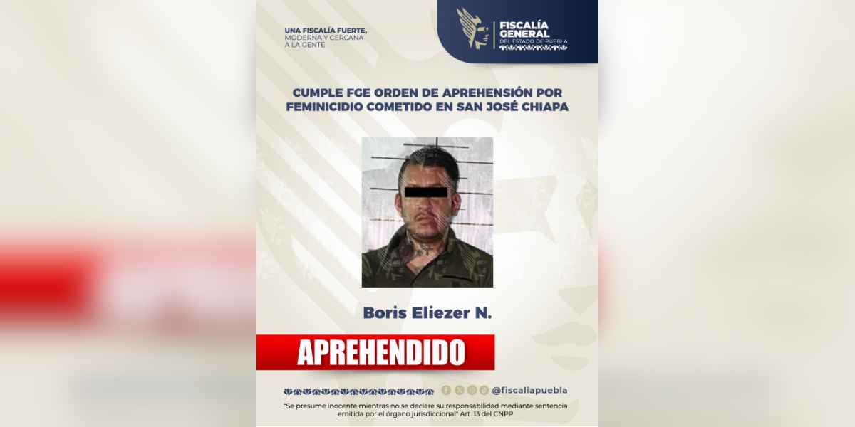 Cumple FGE orden de aprehensión por feminicidio cometido en San José Chiapa